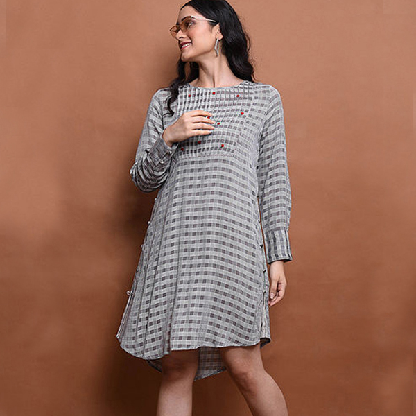 Kirgiti's ' Cotton and Hand Embroidered Black Checkered Button Style Tunic cum Dress - image 2